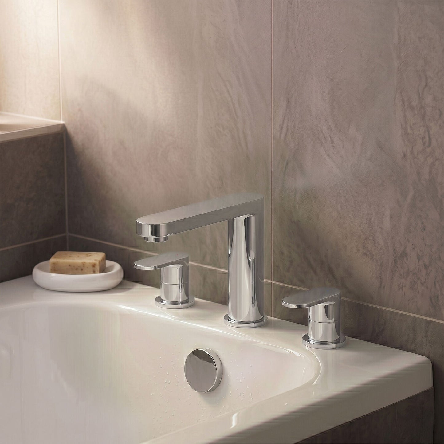 [BTCU333] Balterley Current Modern Round Deck Mounted 3 Tap Hole Bath Filler Tap with Lever Handles and Flat Spout - Chrome Finish - Silo