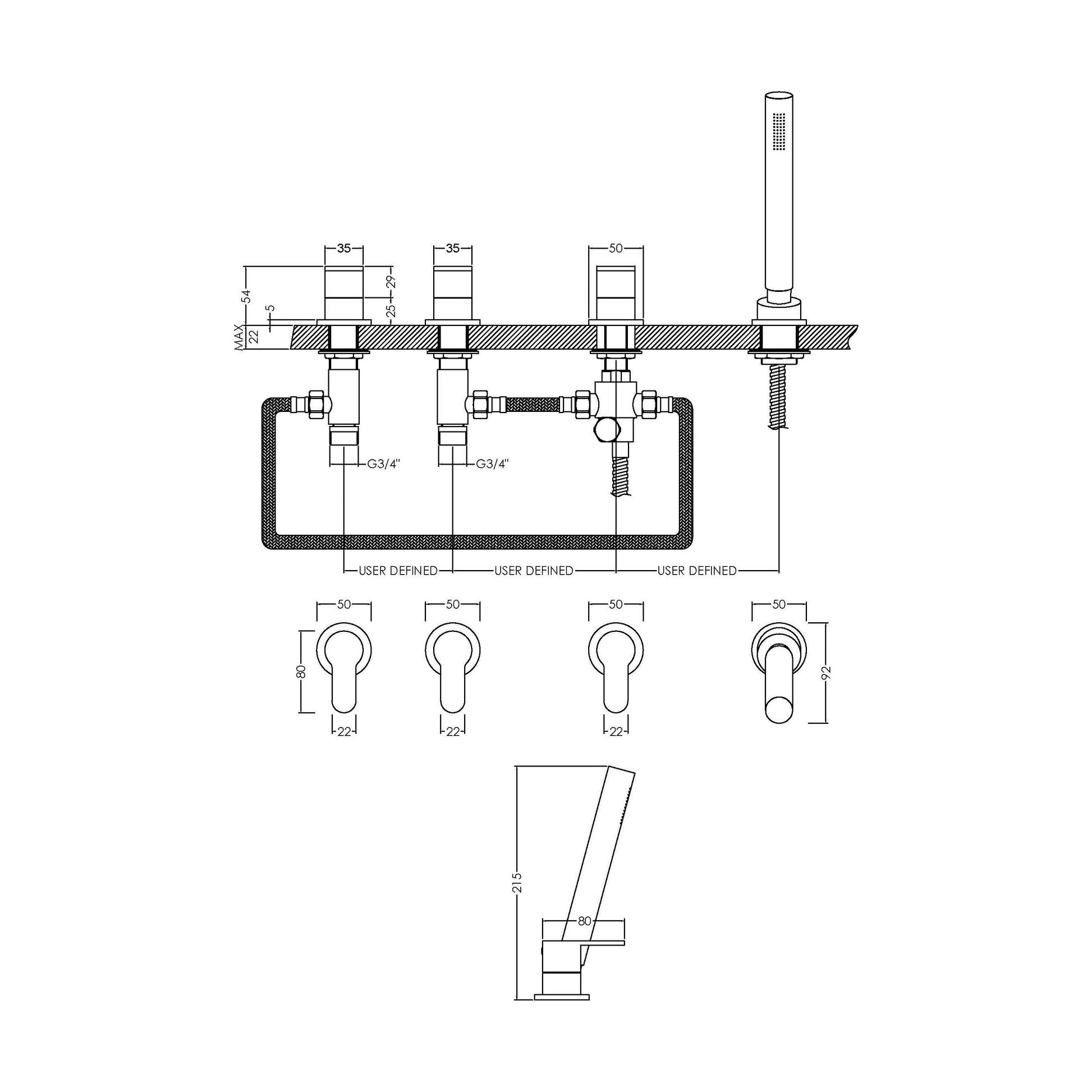 [BTCU334] Balterley Current Modern Deck Mount Round 4 Tap Hole Bath Shower Mixer Tap with Diverter & Shower Kit No Spout - Chrome Finish - Technical Drawing