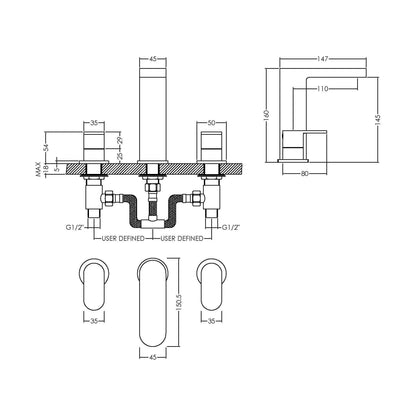 [BTCU337] Balterley Current Round Deck Mounted 3 Tap Hole Basin Mixer Tap with Dual Lever Handles & Pop Up Waste - Chrome Finish - Technical Drawing