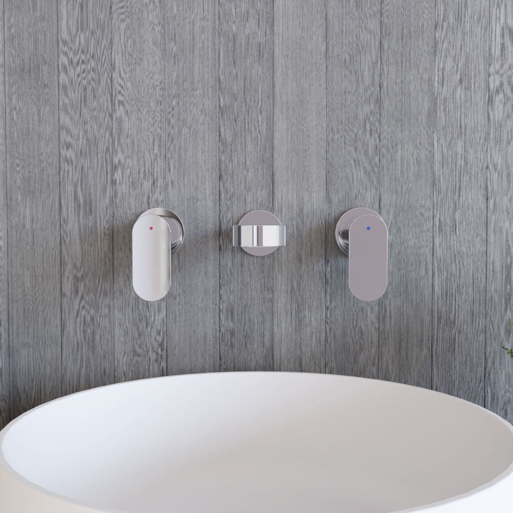 [BTCU350] Balterley Current Modern Round Wall Mount 3 Tap Hole Basin Mixer Tap with Dual Lever Handles & Back Plate - Chrome Finish - Lifestyle 1