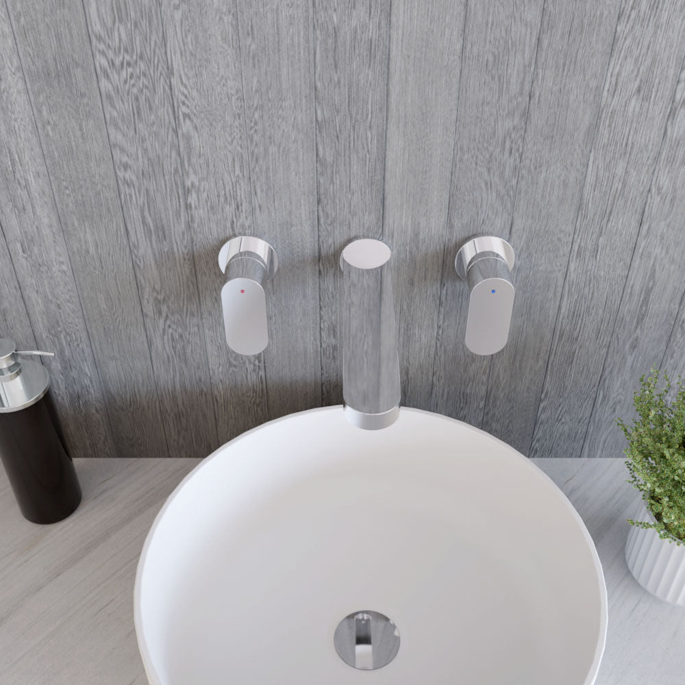 [BTCU350] Balterley Current Modern Round Wall Mount 3 Tap Hole Basin Mixer Tap with Dual Lever Handles & Back Plate - Chrome Finish - Lifestyle 2