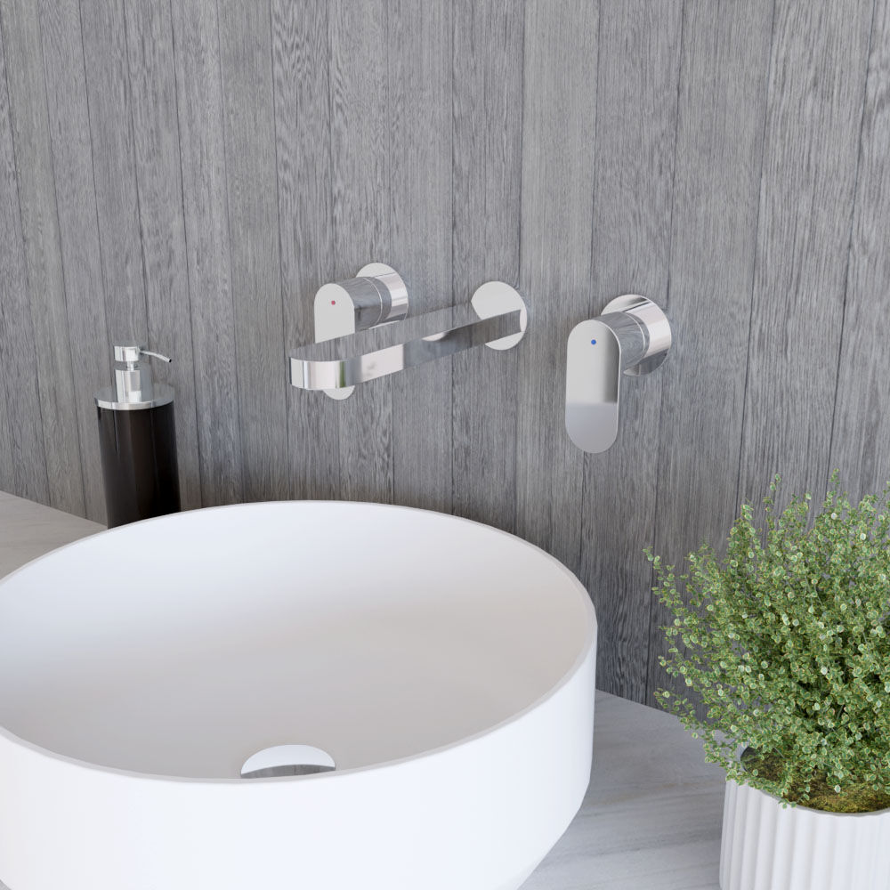 [BTCU350] Balterley Current Modern Round Wall Mount 3 Tap Hole Basin Mixer Tap with Dual Lever Handles & Back Plate - Chrome Finish - Lifestyle 3