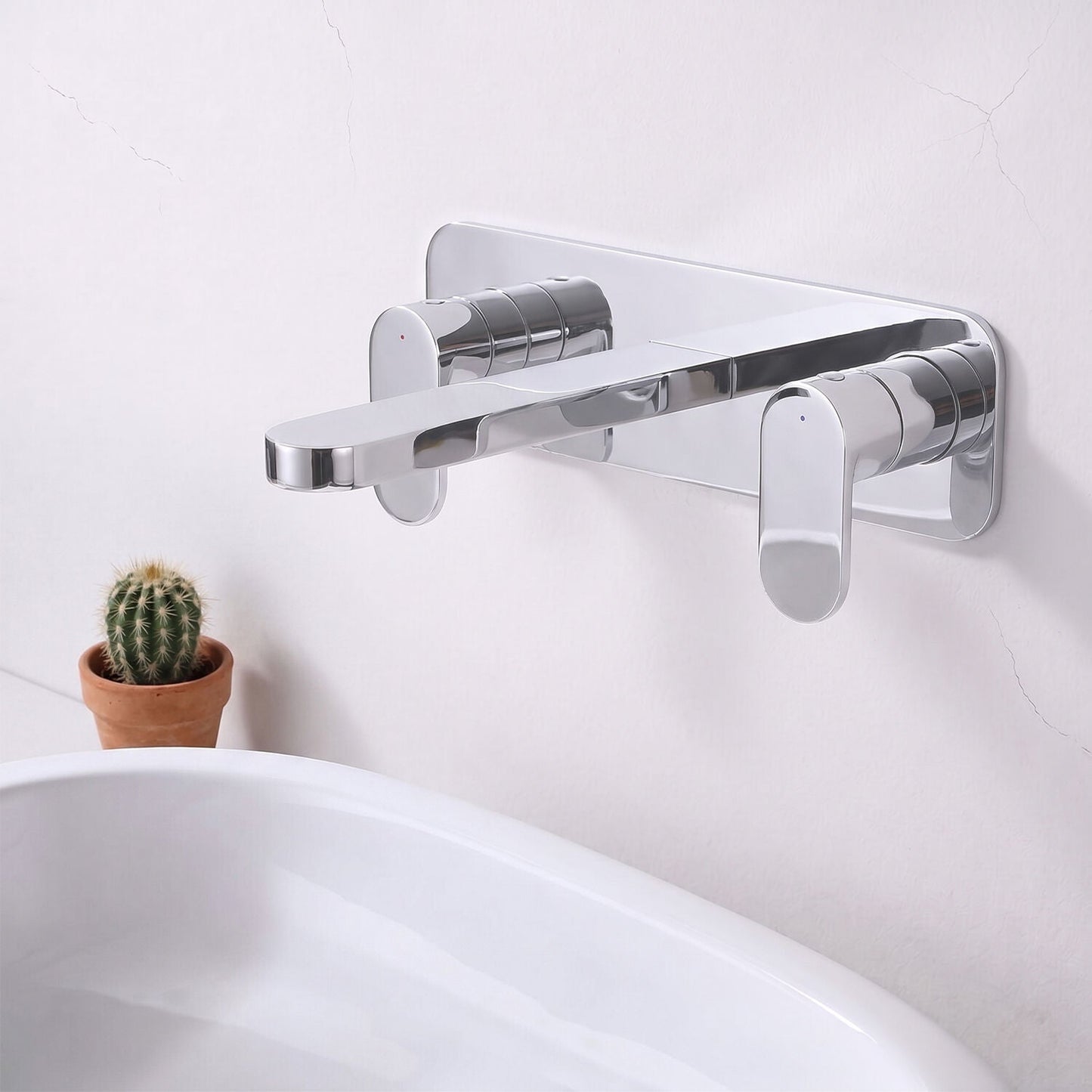 [BTCU350] Balterley Current Modern Round Wall Mount 3 Tap Hole Basin Mixer Tap with Dual Lever Handles & Back Plate - Chrome Finish - Silo