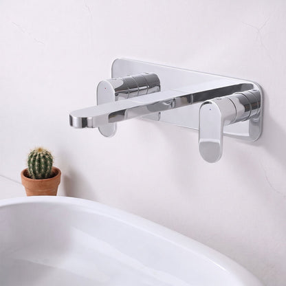 [BTCU350] Balterley Current Modern Round Wall Mount 3 Tap Hole Basin Mixer Tap with Dual Lever Handles & Back Plate - Chrome Finish - Silo