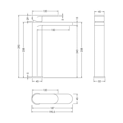 [BTCU370] Enville Round High Rise Mono Basin Mixer Tap - 290 x 57 x 187mm - Choice of Finish - Technical Drawing