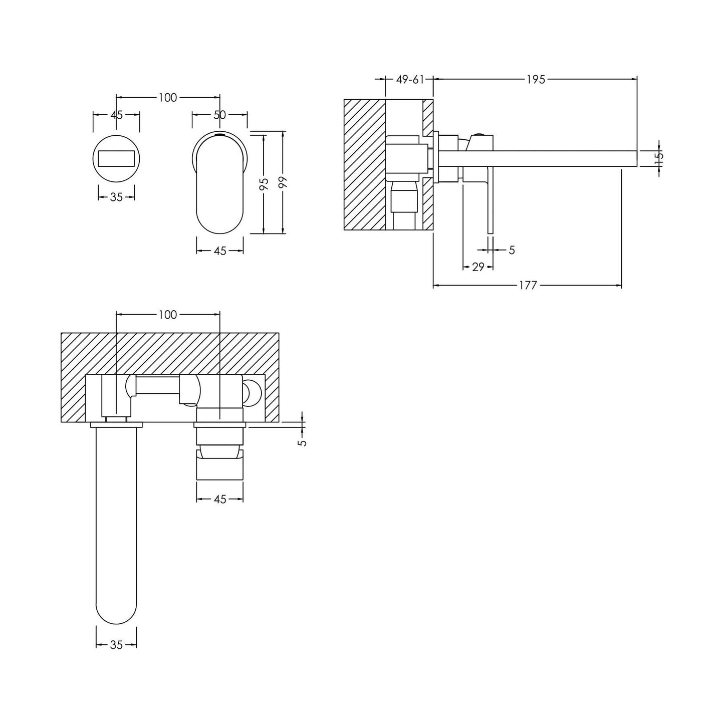 [BTCU381] Balterley Current Round Wall Mount 2 Tap Hole Basin Mixer Tap with Flat Spout and Single Lever Handle - Polished Chrome Finish - Technical Drawing
