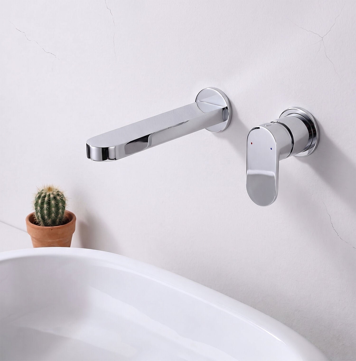 [BTCU381] Balterley Current Round Wall Mount 2 Tap Hole Basin Mixer Tap with Flat Spout and Single Lever Handle - Polished Chrome Finish - Silo