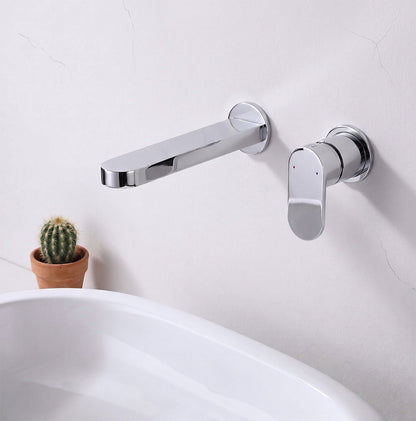 [BTCU381] Balterley Current Round Wall Mount 2 Tap Hole Basin Mixer Tap with Flat Spout and Single Lever Handle - Polished Chrome Finish - Silo