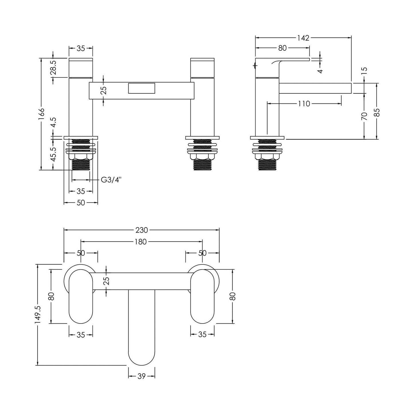 [BTCU403] Enville Dual Lever Round Deck Mounted Bath Filler Tap – Choice of Finish - Technical Drawing