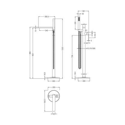 [BTCU421] Enville Modern Freestanding Round Bath Shower Mixer Tap with Lever Handle and Kit - Choice of Colour - Technical Drawing