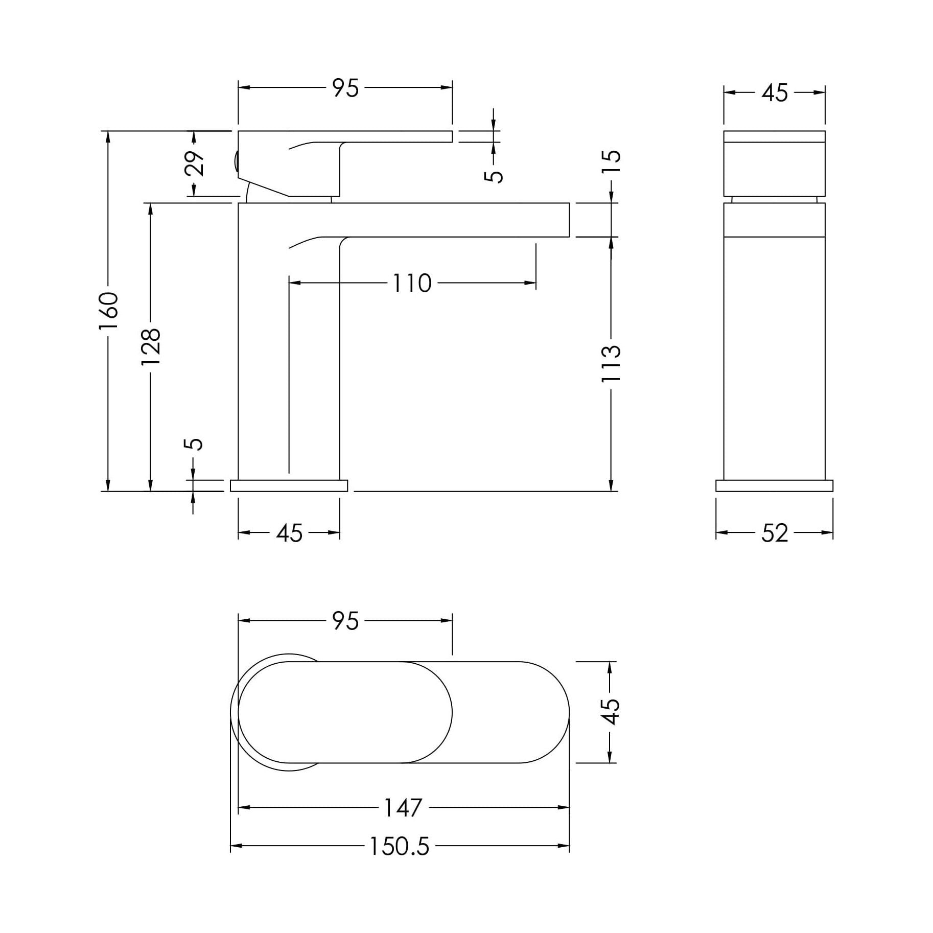 [BTCU705] Enville Bathroom Mono Basin Sink Mixer Tap - Choice of Finish - Technical Drawing