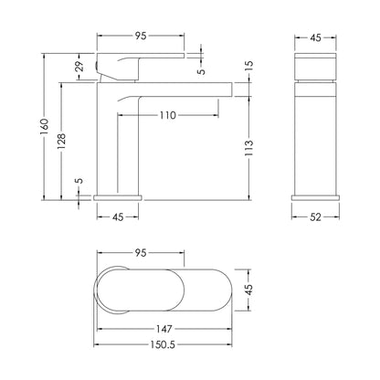 [BTCU805] Enville Bathroom Mono Basin Sink Mixer Tap - Choice of Finish - Technical Drawing
