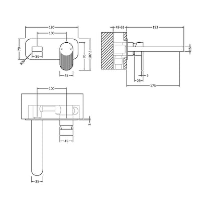 [BTCU828F] Fluted 2TH W/M Basin Mixer with Plate - Technical Drawing