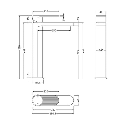 [BTCU870F] Fluted High Rise Mono Basin Mixer - Technical Drawing