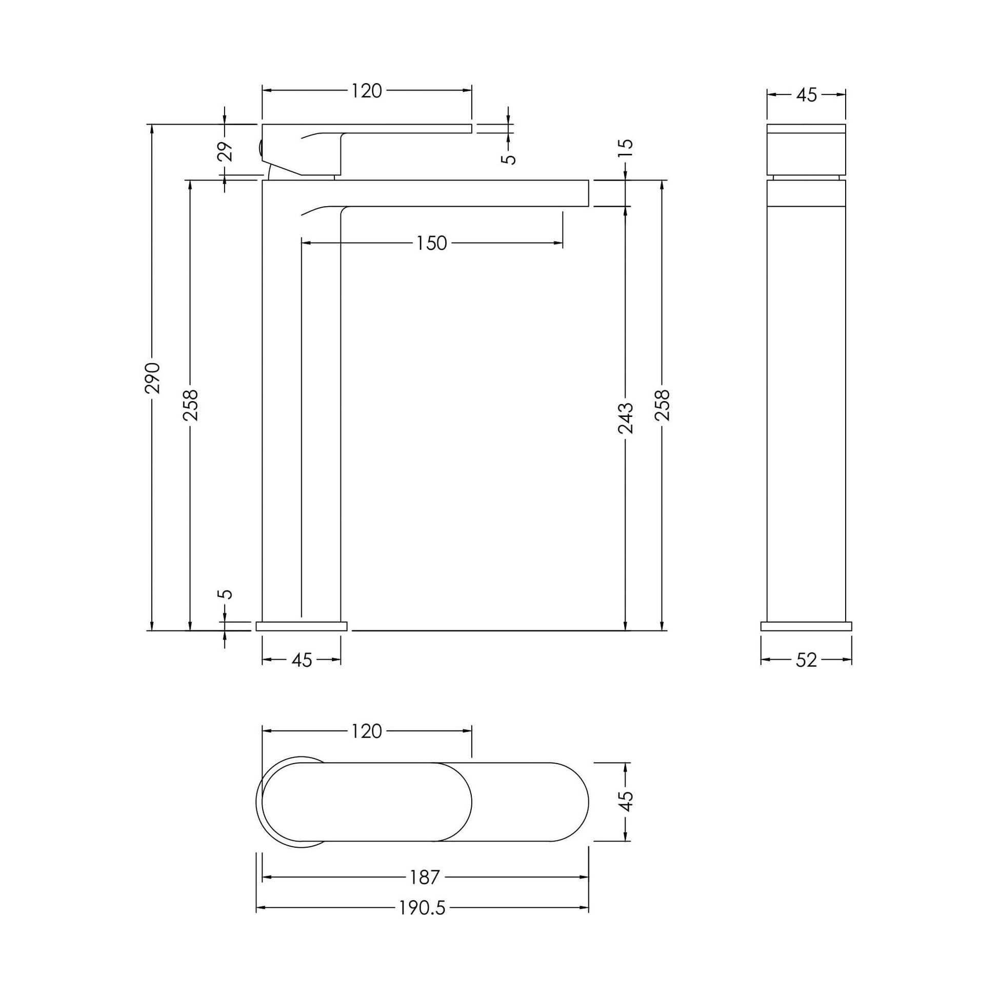 [BTCU870] Enville Round High Rise Mono Basin Mixer Tap - 290 x 57 x 187mm - Choice of Finish - Technical Drawing