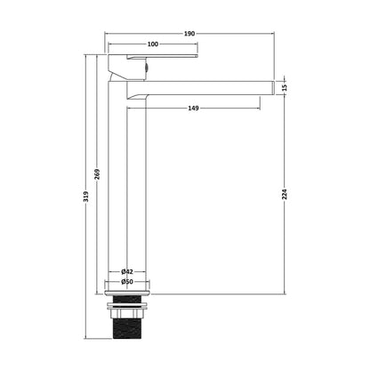 [BTD370] Contemporary Tall Mono Basin Mixer Tap  - Chrome - Technical Drawing