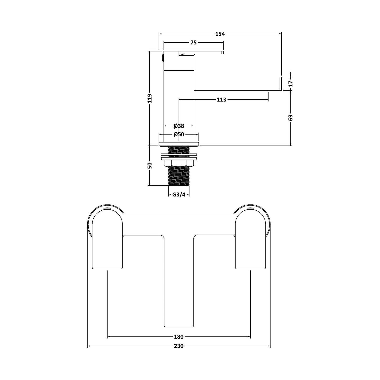 [BTD403] Contemporary Deck Mounted Bath Filler Tap - Matt Black - Balterley - Technical Drawing