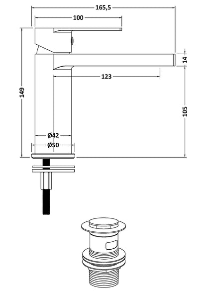 [BTD805] Ranton Contemporary Mono Basin Mixer Tap and Push Button Waste, Choice of Colour - Line Drawing