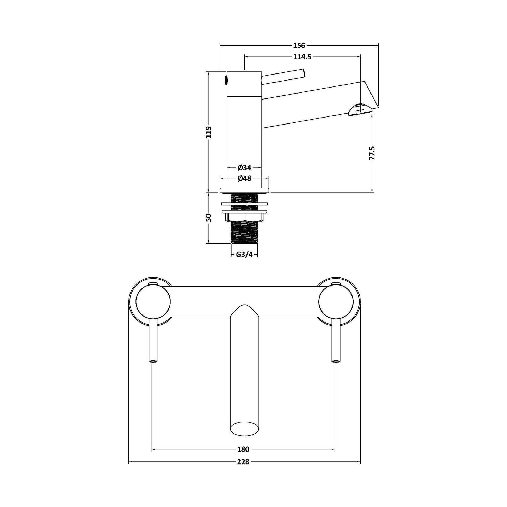 [BTE403] Wetley Minimalist Round Deck Mounted Bath Filler Tap - Choice of Finish - Technical Drawing