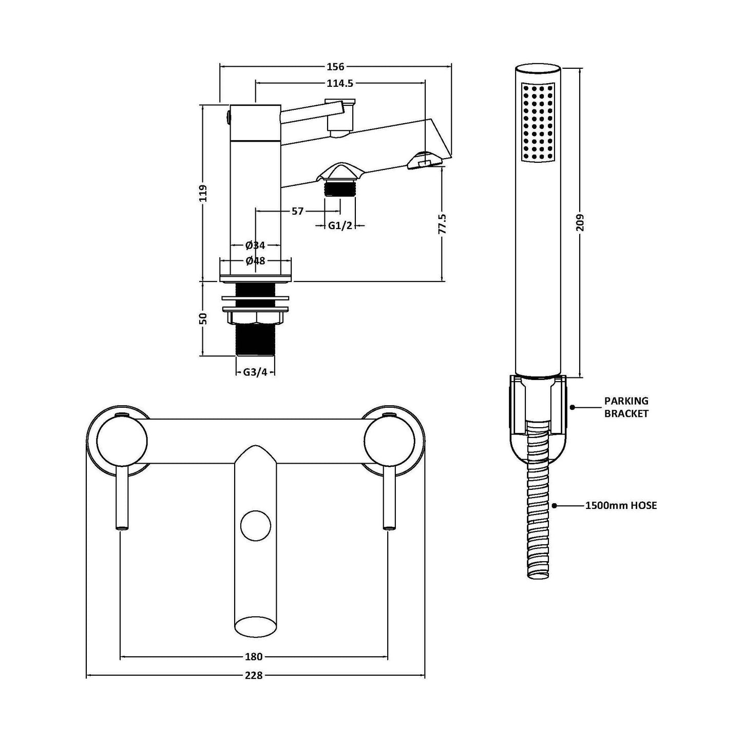 [BTE404] Wetley Round Minimalist Bath Shower Mixer Tap with Shower Kit - Choice of Finish - Technical Drawing