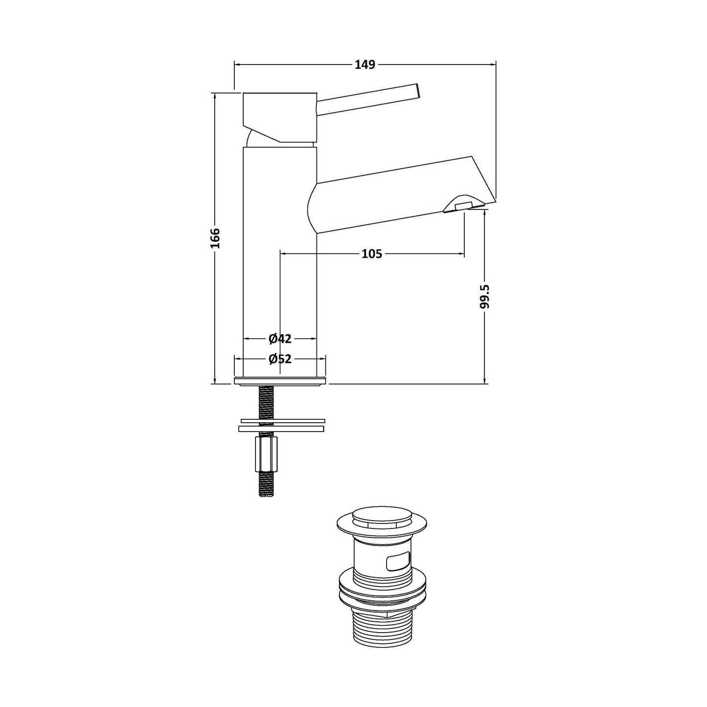 [BTE805] Wetley Minimalist Round Mono Basin Mixer Tap & Push Button Waste - Choice of Finish - Technical Drawing