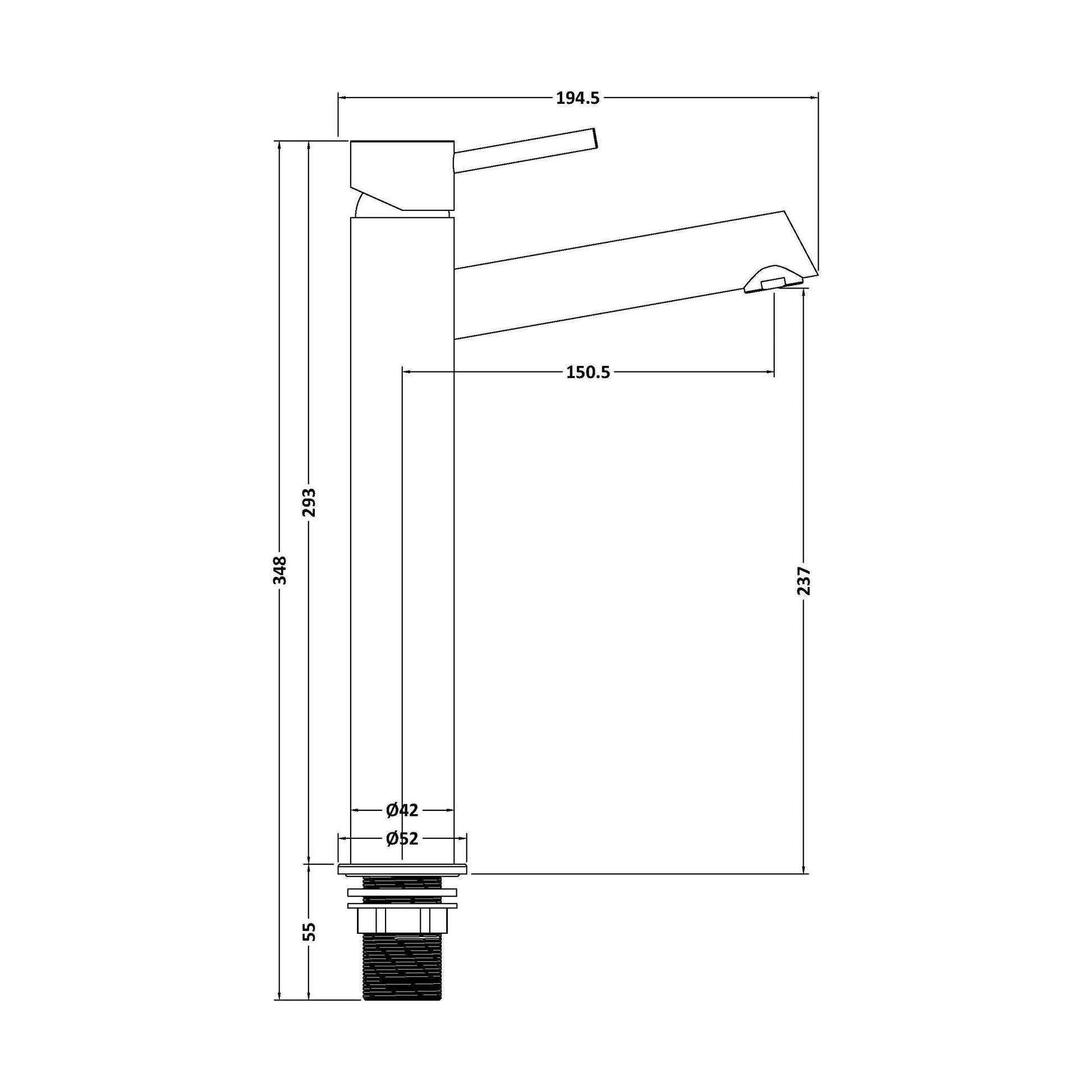 [BTE870] Wetley Minimalist Round Tall Mono Basin Mixer Tap - Choice of Finish - Technical Drawing