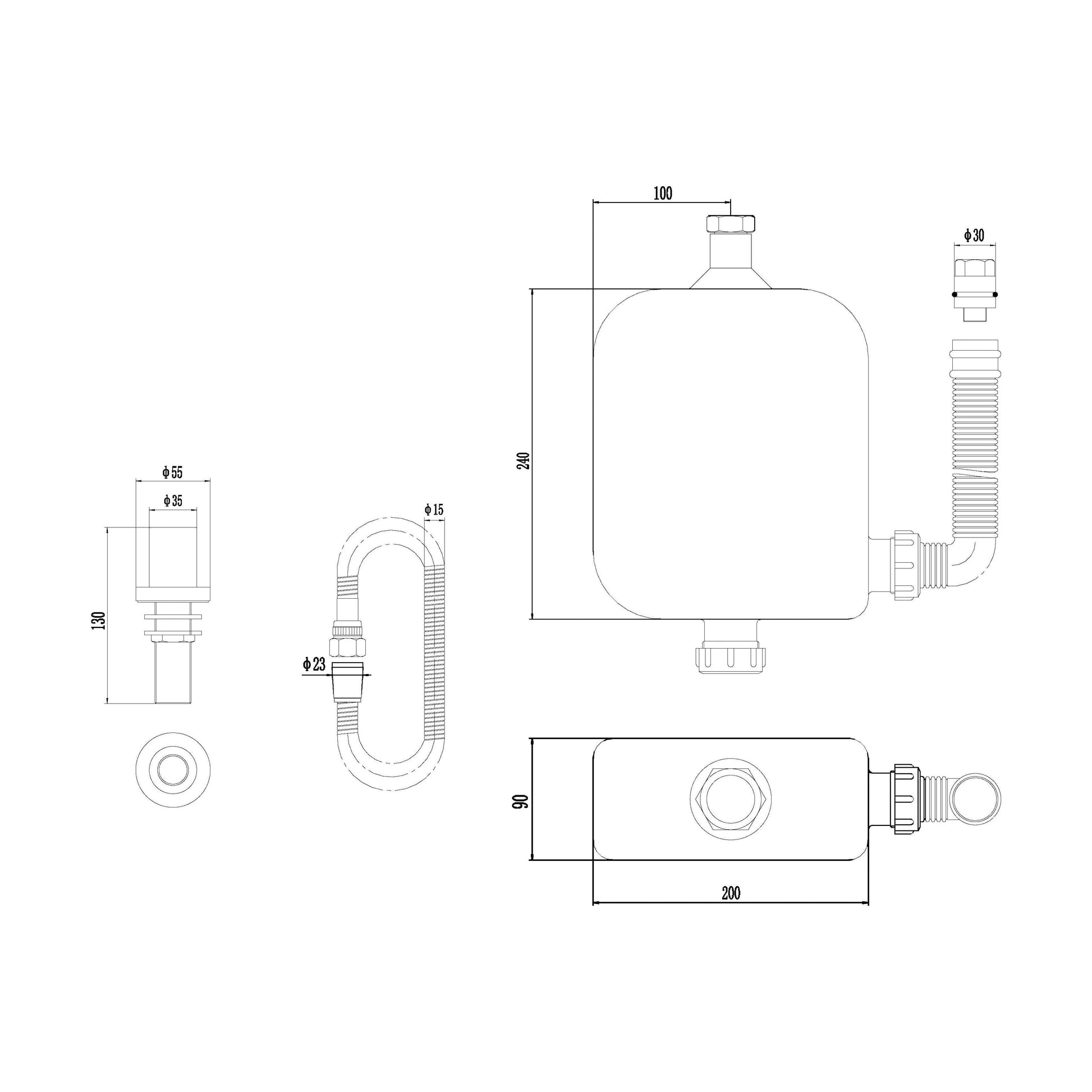 [BTEA383] Contemporary Bathroom Deck Shower Kit, 335mm x 220mm, Chrome - Technical Drawing