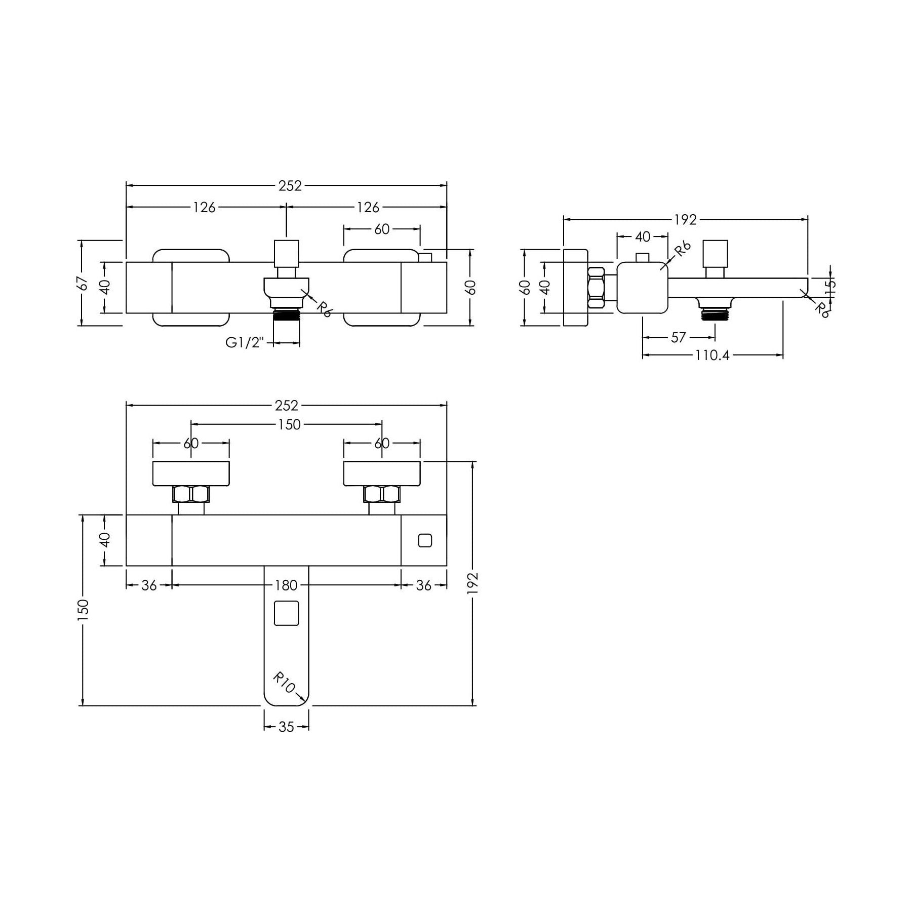 [BTEM005] Square Wall Mount Thermostatic Bath Shower Mixer Bar Valve Tap - Chrome - Technical Drawing