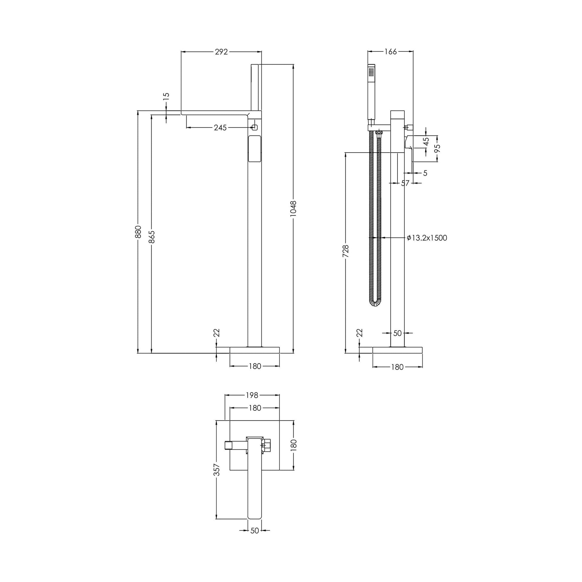 [BTEM1521] Swinscoe Contemporary Square Freestanding Bath Shower Mixer Tap with Kit - Choice of Colour - Technical Drawing