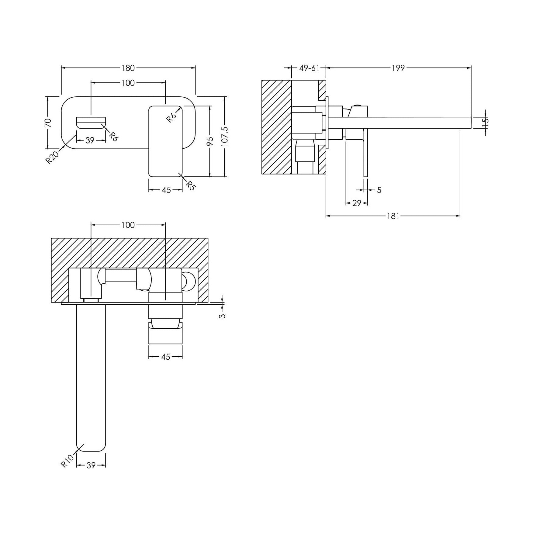 [BTEM1528] Swinscoe Contemporary Square Wall Mounted 2 Tap Hole Basin Mixer Tap - Choice of Finish - Technical Drawing