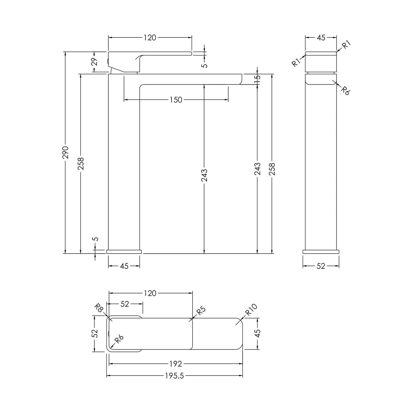 [BTEM1570] Square High-Rise Mono Basin Mixer Tap - Matt Black - Technical Drawing