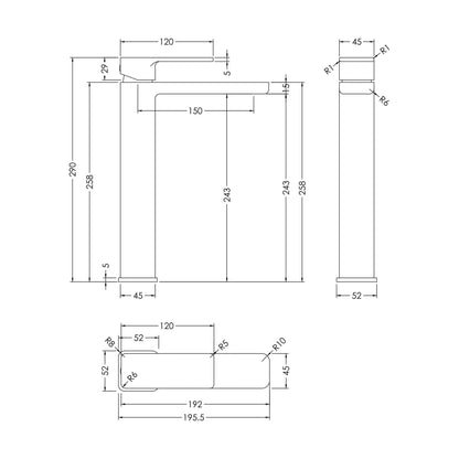 [BTEM1570] Square High-Rise Mono Basin Mixer Tap - Matt Black - Technical Drawing