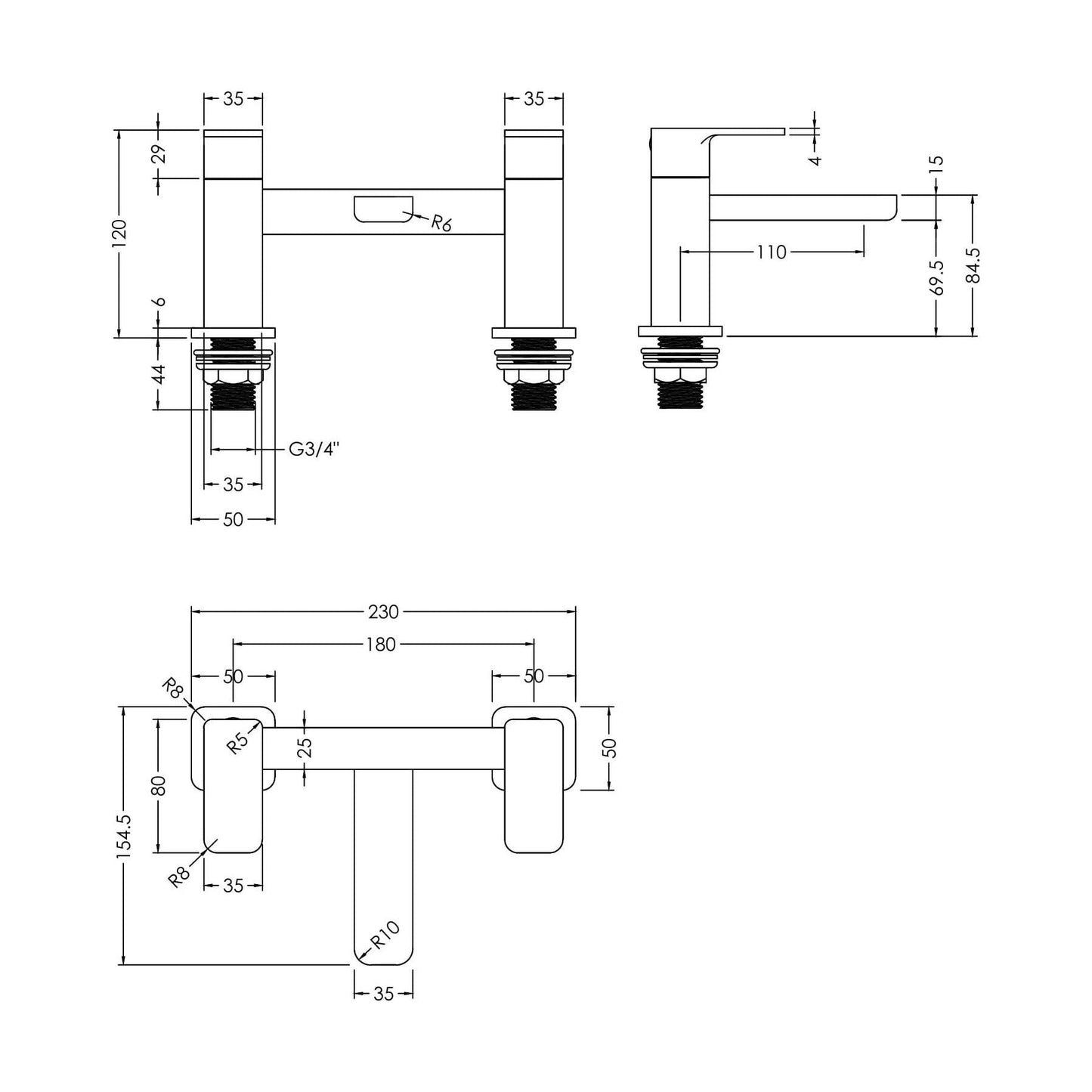 [BTEM303] Swinscoe Dual Lever Square Deck Mounted Bath Filler Tap – Choice of Finish - Technical Drawing
