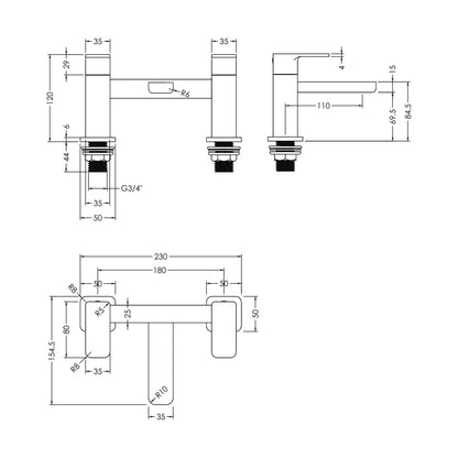 [BTEM303] Swinscoe Dual Lever Square Deck Mounted Bath Filler Tap – Choice of Finish - Technical Drawing