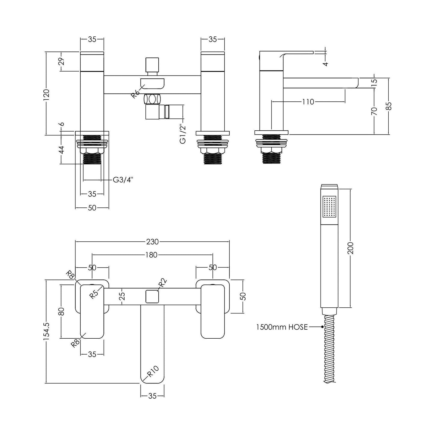[BTEM304] Deck Mount Square Bath Shower Mixer Tap with Shower Kit Chrome - Technical Drawing