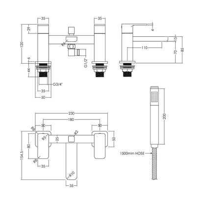 [BTEM304] Deck Mount Square Bath Shower Mixer Tap with Shower Kit Chrome - Technical Drawing