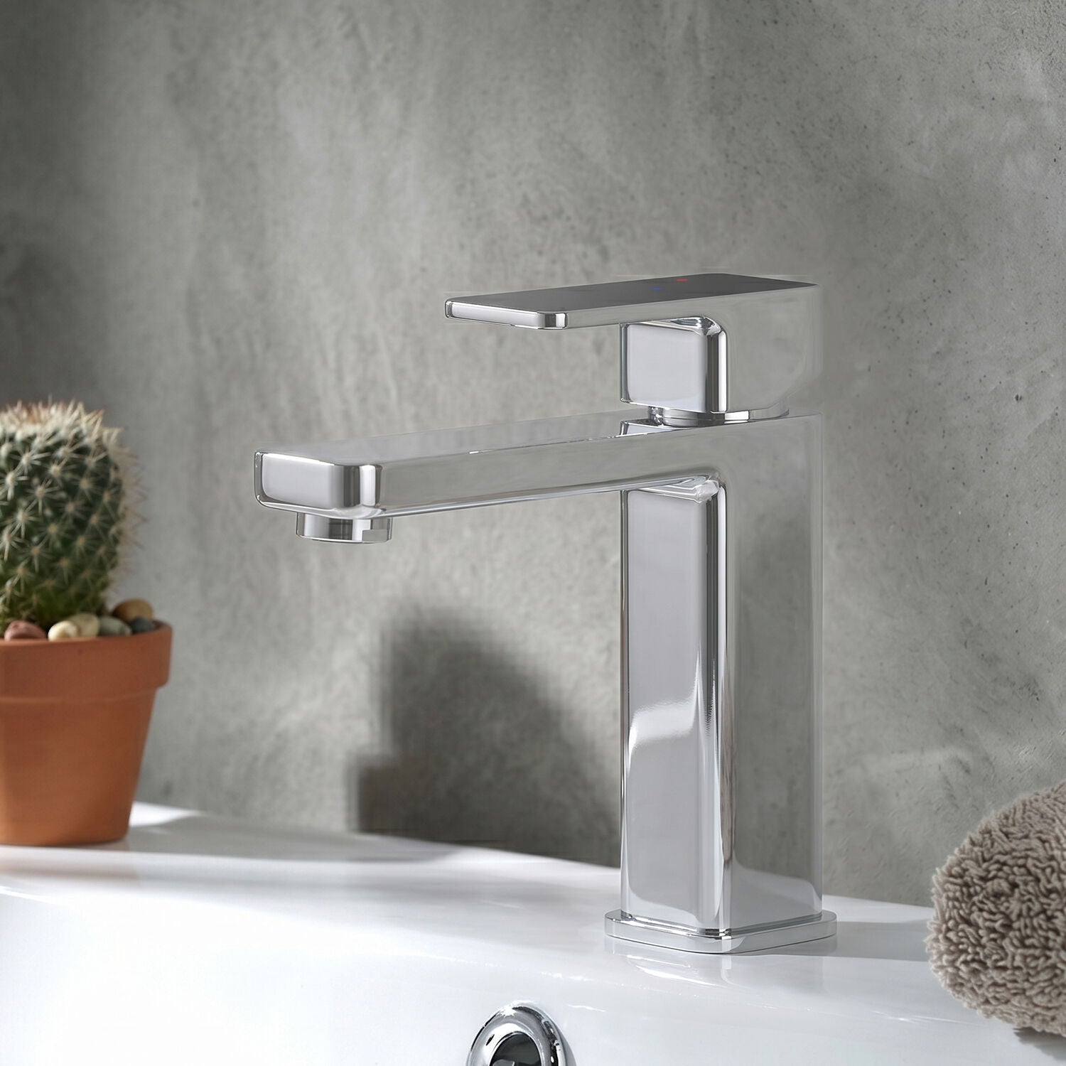 [BTEM305EC] Square Eco Mono Basin Mixer Tap & Push Button Waste - Chrome - Silo