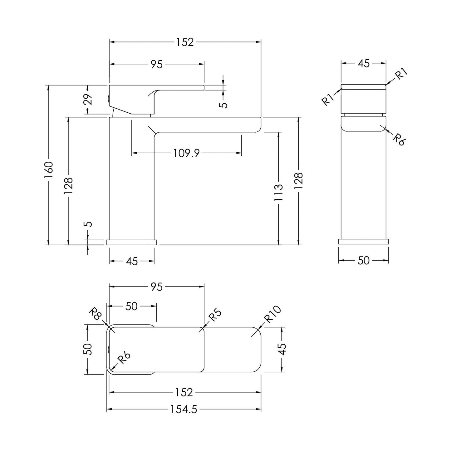 [BTEM305] Swinscoe Square Mono Basin Mixer Tap with Push Button Waste – Choice of Finish - Technical Drawing