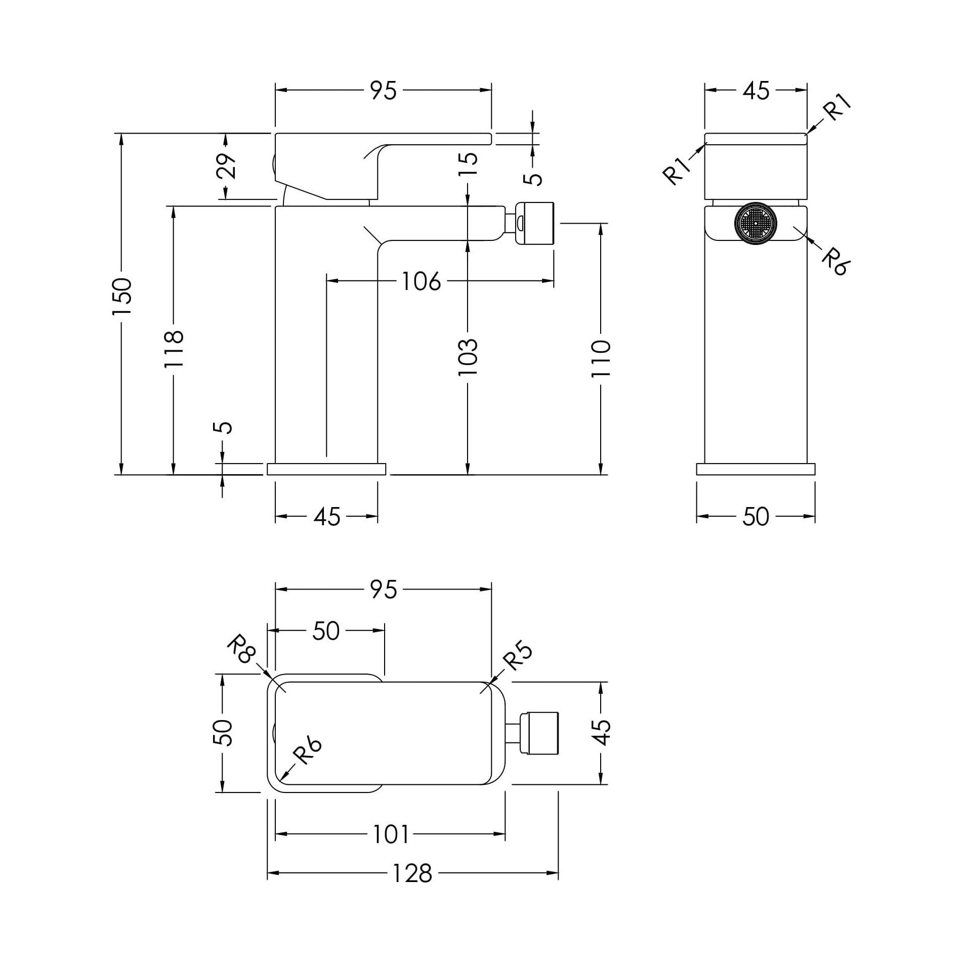 [BTEM306] Square Mono Bidet Mixer Tap With Pop Up Waste Chrome - Technical Drawing
