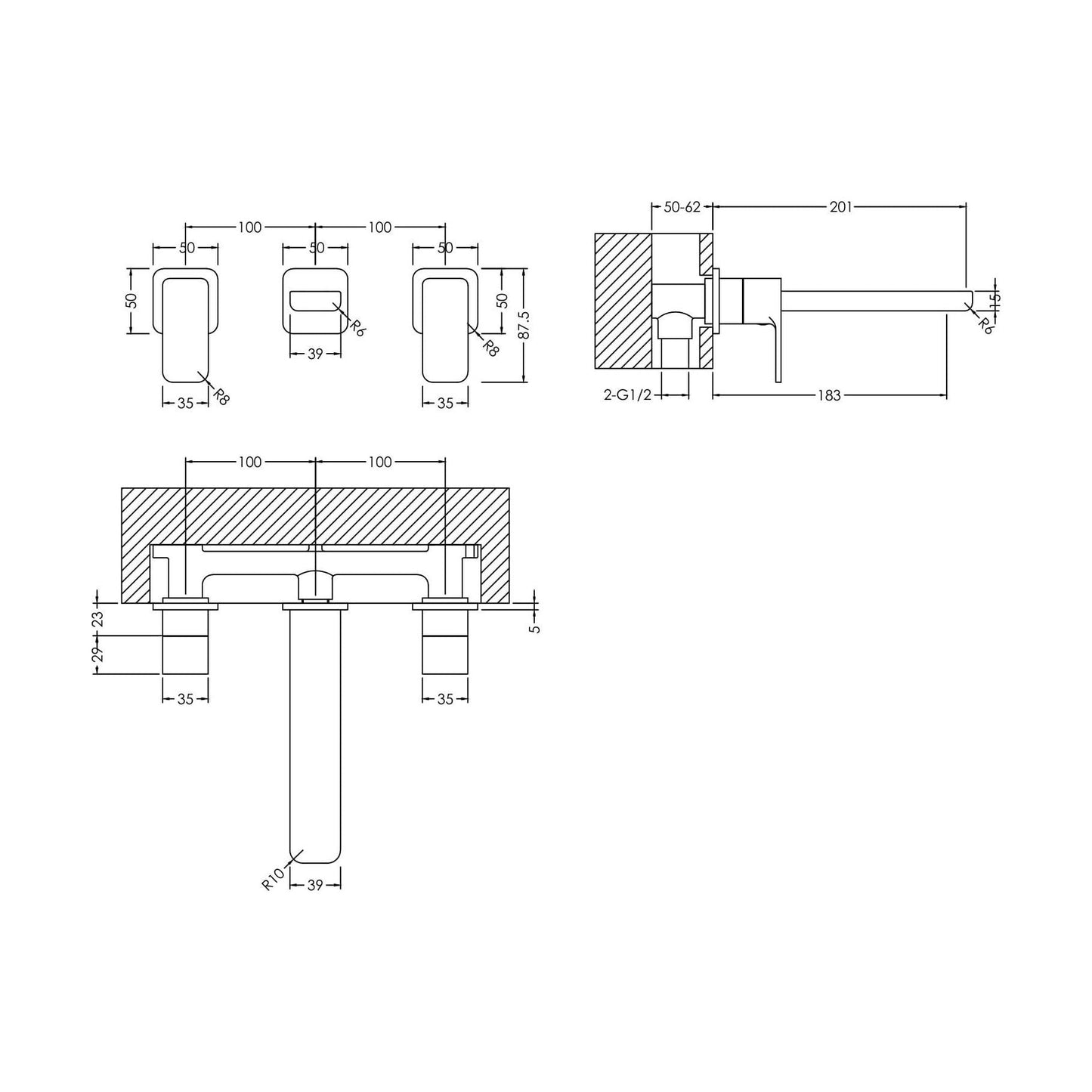 [BTEM317] Square Wall Mount 3 Tap Hole Basin Mixer Tap - Chrome - Technical Drawing