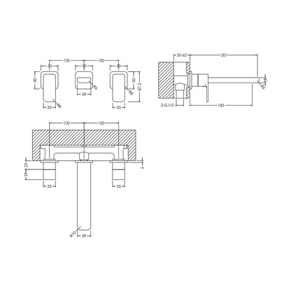 [BTEM317] Square Wall Mount 3 Tap Hole Basin Mixer Tap - Chrome - Technical Drawing