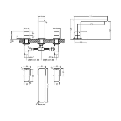 [BTEM333] Square Deck Mounted 3 Tap Hole Bath Filler Tap - Chrome - Technical Drawing