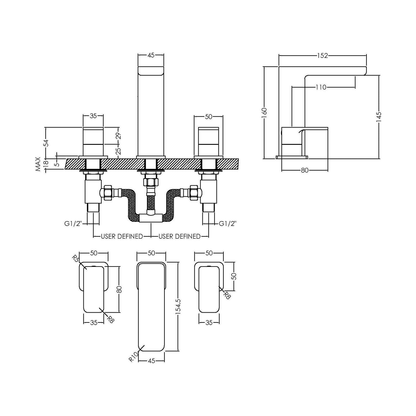 [BTEM337] Square Deck 3 Tap Hole Basin Mixer Tap & Pop Up Waste - Chrome - Technical Drawing