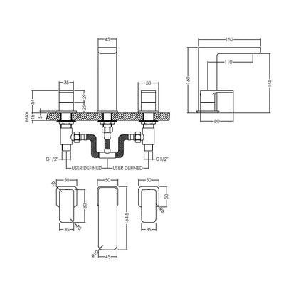 [BTEM337] Square Deck 3 Tap Hole Basin Mixer Tap & Pop Up Waste - Chrome - Technical Drawing