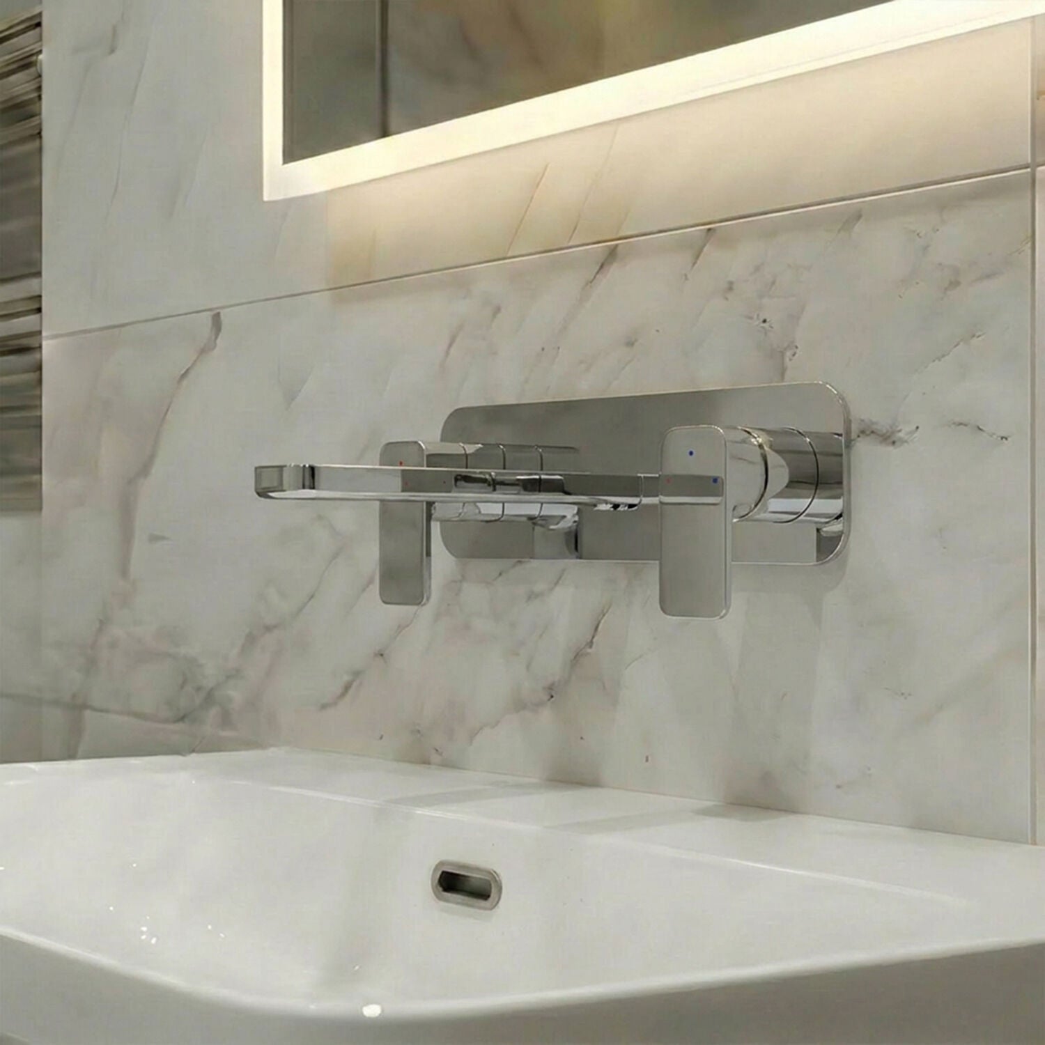 [BTEM350] Swinscoe Dual Lever Square Wall Mounted 3 Tap Hole Basin Mixer Tap & Back Plate – Polished Chrome - Silo