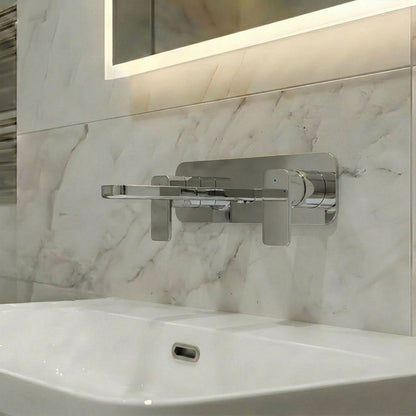 [BTEM350] Swinscoe Dual Lever Square Wall Mounted 3 Tap Hole Basin Mixer Tap & Back Plate – Polished Chrome - Silo