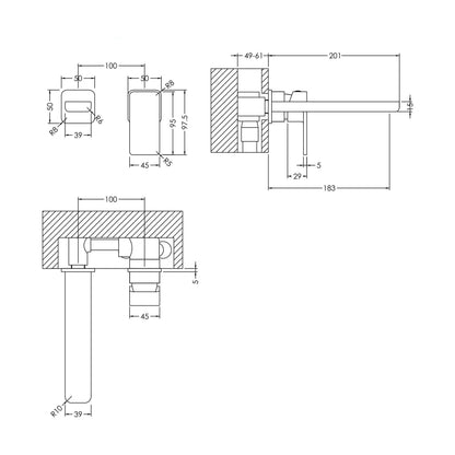 [BTEM381] Square Wall Mount 2 Tap Hole Basin Mixer Tap Chrome - Technical Drawing