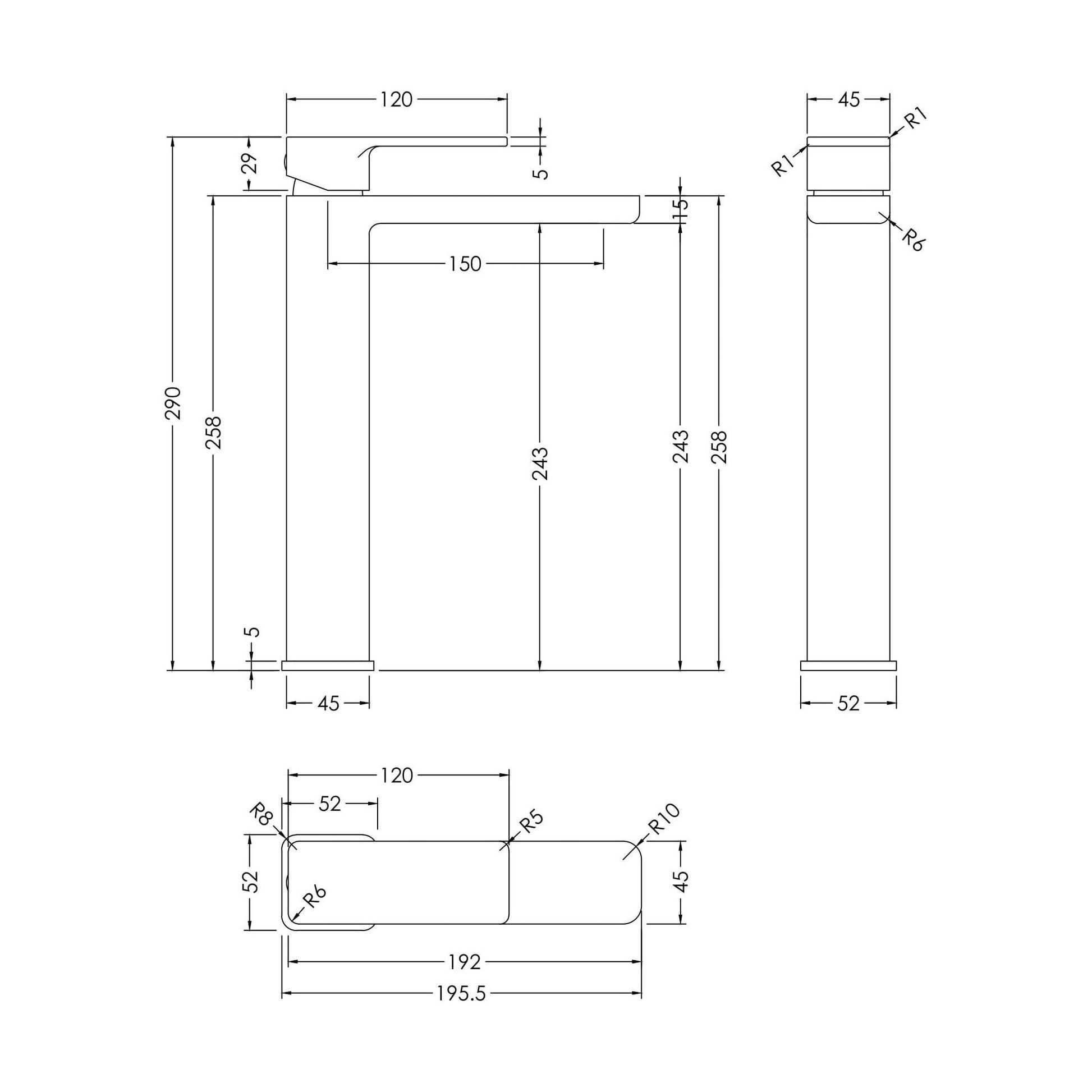 [BTEM470] Square High-Rise Mono Basin Mixer Tap - Matt Black - Technical Drawing