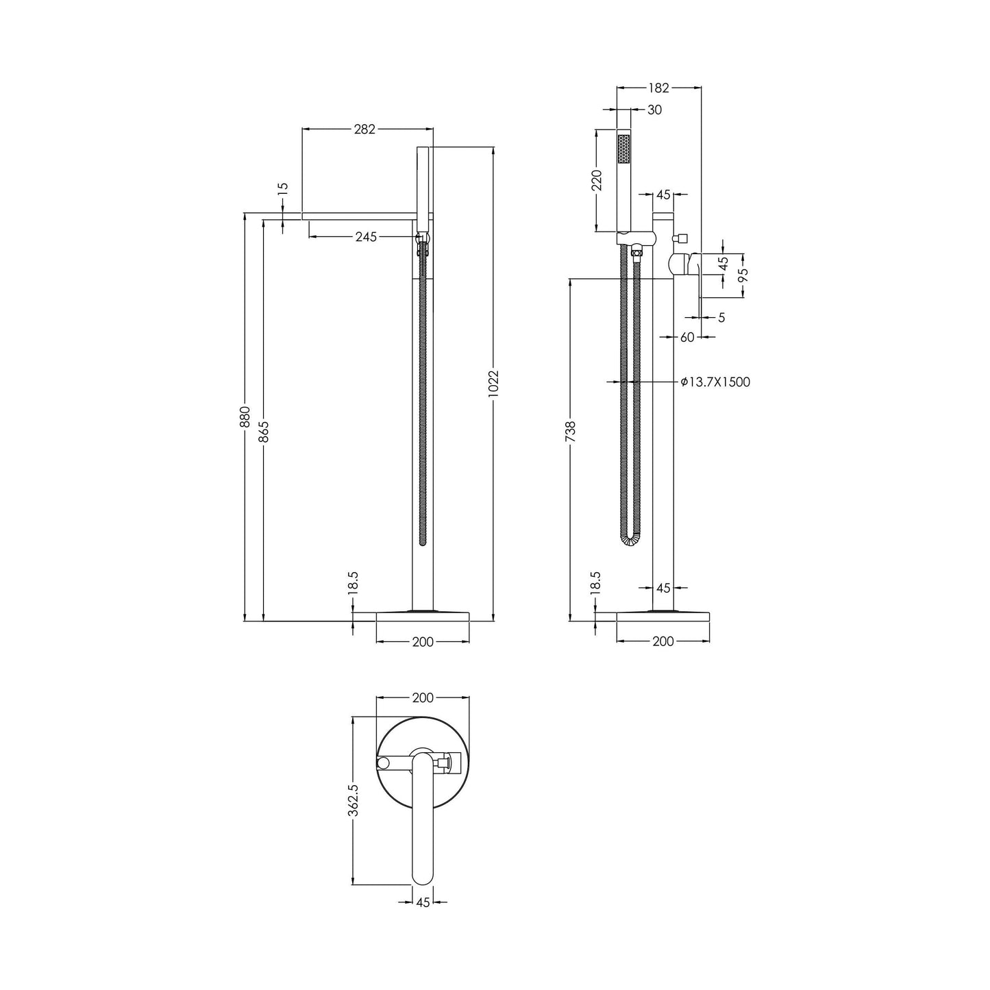[BTEM721] Swinscoe Contemporary Square Freestanding Bath Shower Mixer Tap with Kit - Choice of Colour - Technical Drawing