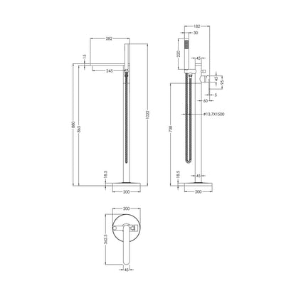 [BTEM721] Swinscoe Contemporary Square Freestanding Bath Shower Mixer Tap with Kit - Choice of Colour - Technical Drawing